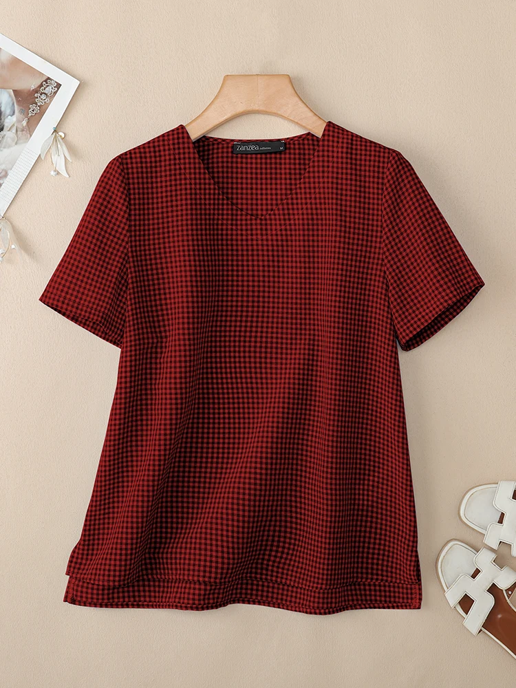 

ZANZEA 2025 Fashion Women Plaid Blouse Summer Short Sleeve Tunic Tops Casual Loose Checked Vintage Shirts Korean V-Neck Blusas