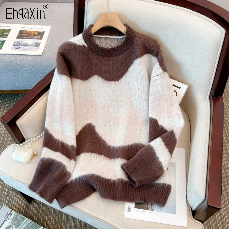 EHQAXIN Winter frauen Warme Pullover 2022 Neue Koreanische Mode Lose Pullover Farbe Kontrast Langarm Pullover Damen M-4XL