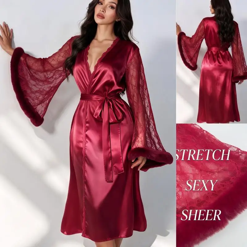 Women Satin Long Robe Trim Flare Lace Sleeve V Neck Open Front Belted Kimono Robe Luxury Silk Feel Sexy Ladies Nightwear