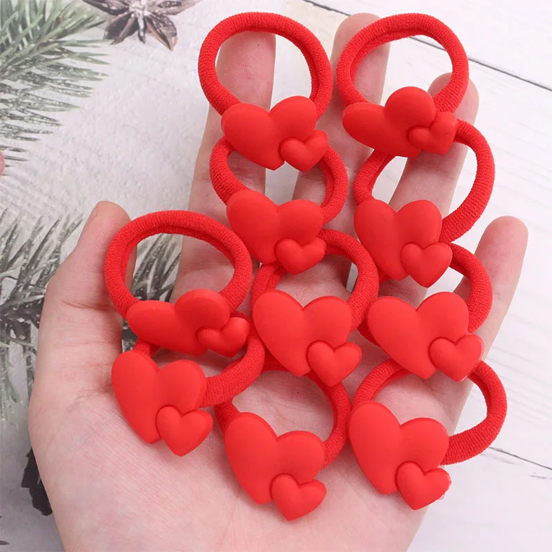 2Pcs/Set Red Heart Shaped Hair Accessories Children Rubber  Bands Scrunchies Elastic  Hair Bands Girls Headband Decorations Ties