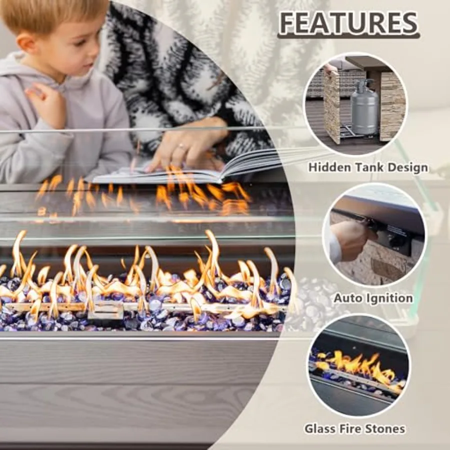 Outdoor firepit table for patio use, stainless steel, black, 50, 000 BTU propane gas heating with weather-resistant constructio