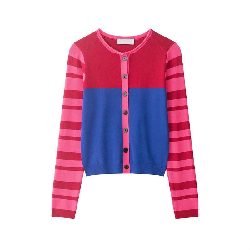 Maxdutti 2026 Autumn Minimalist And Fashionable Color Blocked Knitted Jacket Round Neck Single Breasted Woman Clothes Cardigan