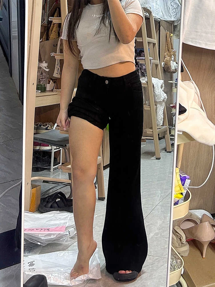 

plus Size Black Micro Flared Denim Jeans Women's High Waist Cotton Stretch Bootcut Pants Casual Wear Autumn Season Wide Leg