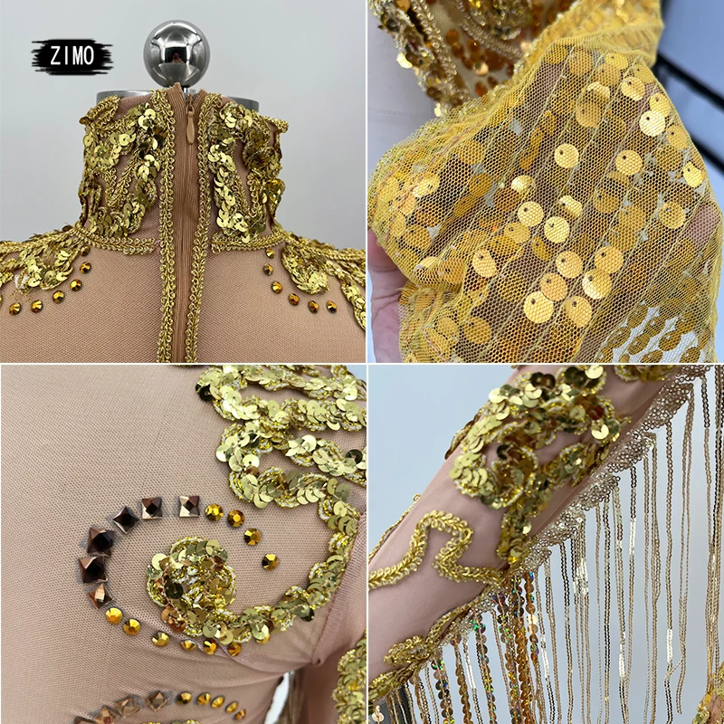 Vestido de lentejuelas transparentes de malla con flecos dorados para mujer, vestido de bailarina latina, disfraces de drag queen para escenario,