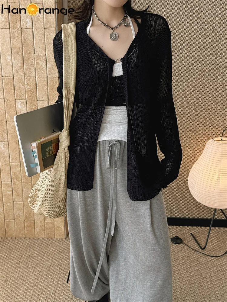 

HanOrange 2026 Summer Fashion Openwork Hook Knit Cardigan Women Semi-Transparent Casual Comfort Women's Sweater Black/Beige