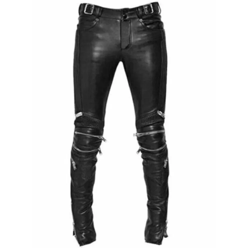 

Men's Genuine Leather Black Pants Fashion Authentic Sheepskin Motorcycle Slim Fit European and American Fashion Trend