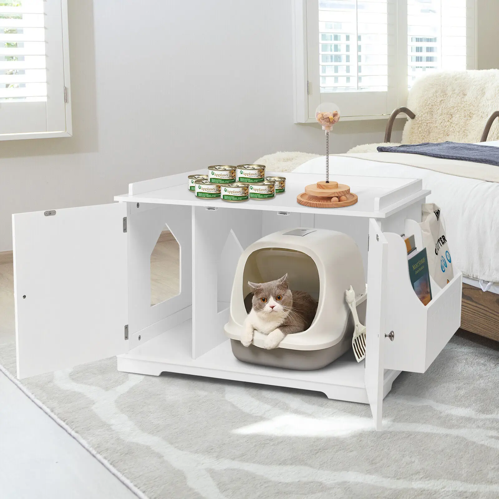 Costway Large Wooden Cat Litter Box Enclosure Magazine Rack Side Table Furniture White