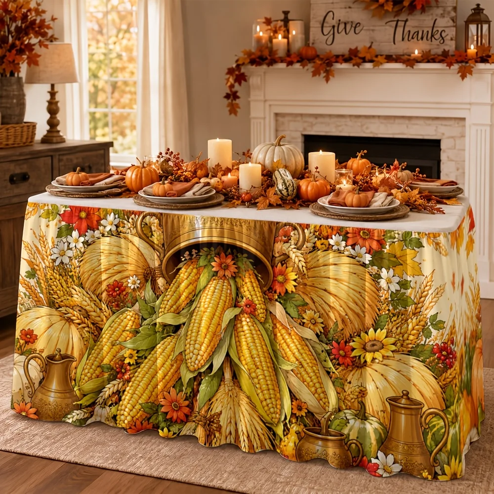 1 table flag table skirt, autumn harvest corn pumpkin wheat golden pot wildflower leaf print table skirt