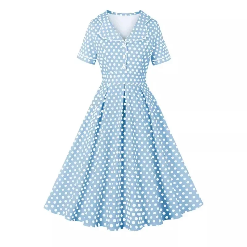 2024 New Retro Women Long Dresses Turn Down Collar Buttons Front 50s 60s High Waist Polka Dot Print Summer Pleated Vintage Dress