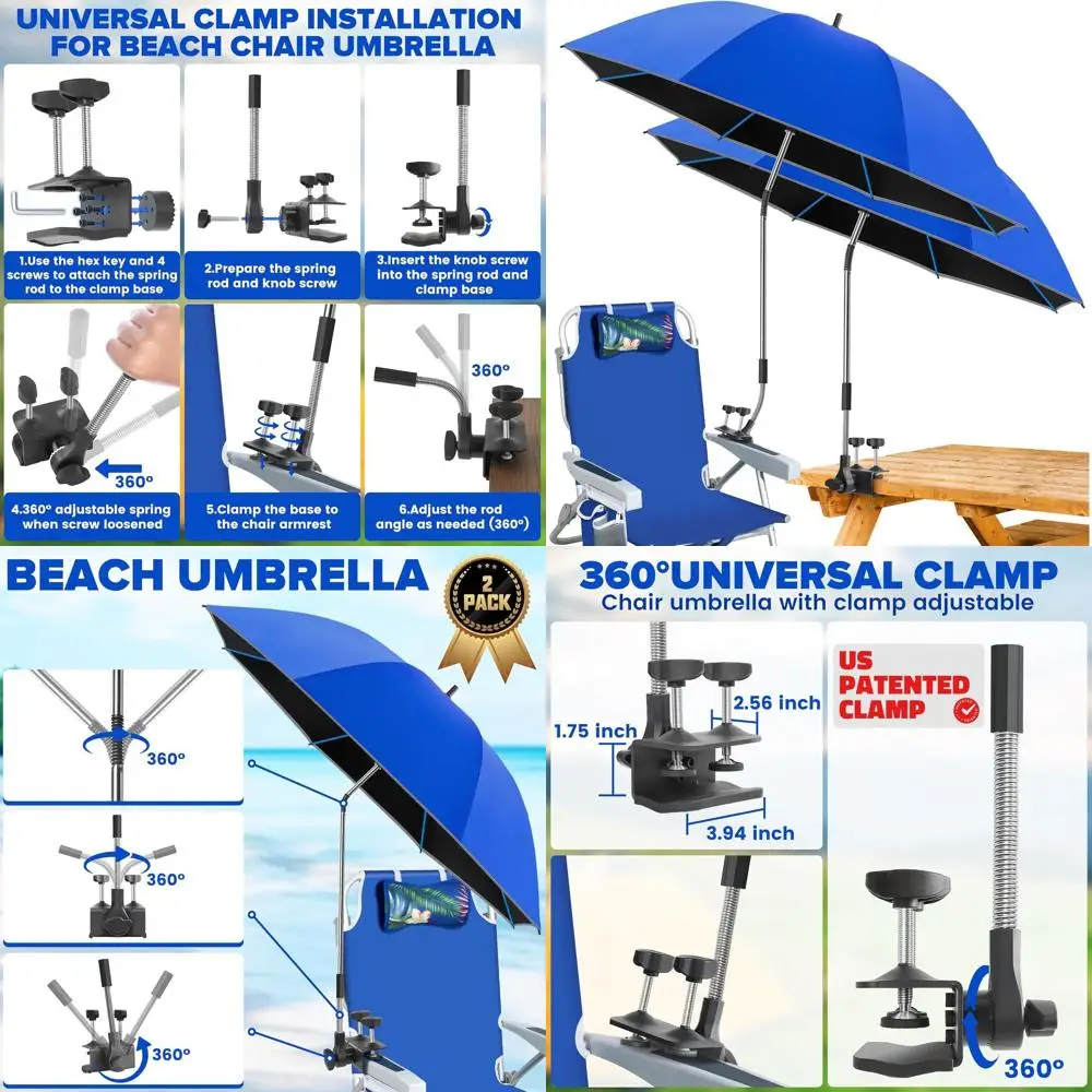 

Adjustable 360° UV Protection Large Beach Chair Umbrella, 48.7 Clamp for Camping Chairs and Tables