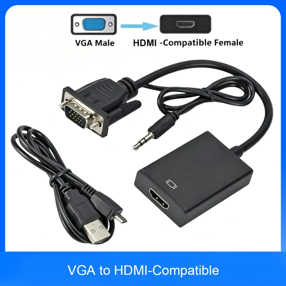 VGA to HD Converter Adapter with 3.5mm Audio, 1080P Full HD Video Output, Plug and Play for Computer Laptop TV Projector