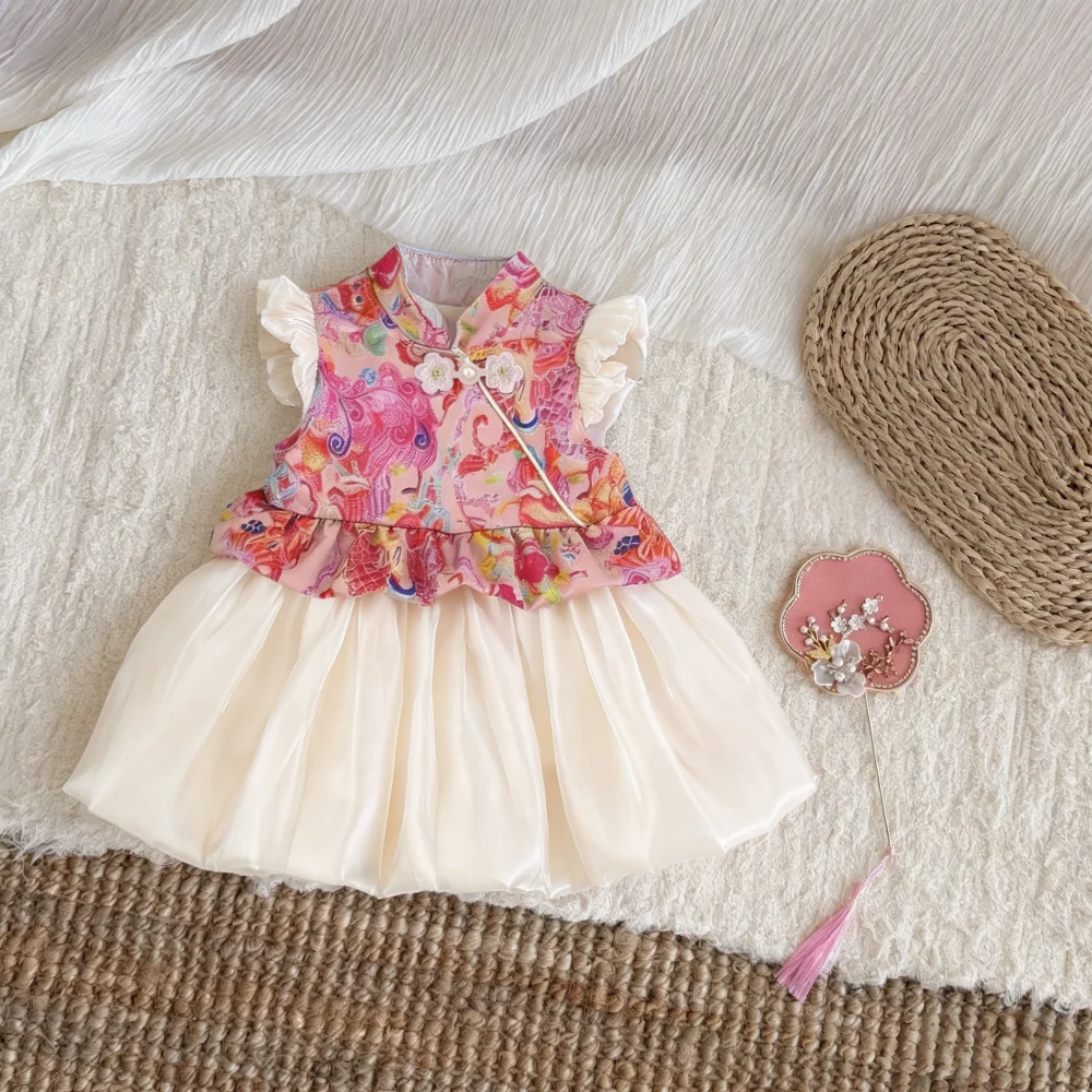 Babykleider im Sommerlichen Blumenmuster Chinesischer Stil Mädchenkleider Niedliche Cheongsam-Style Babykleider