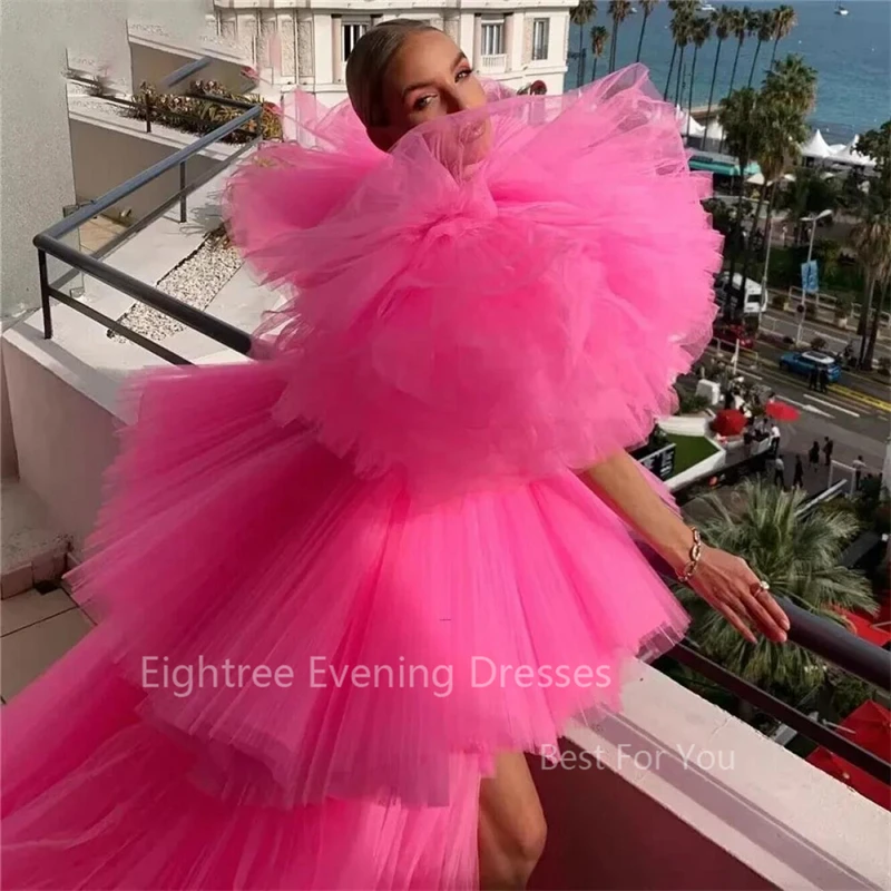 Eightree Fashion Hot Pink High Low Tulle Prom Gowns Lush Tulle Sleeves Sexy Long Tulle Women Dresses To Red Carpet Tulle Robe