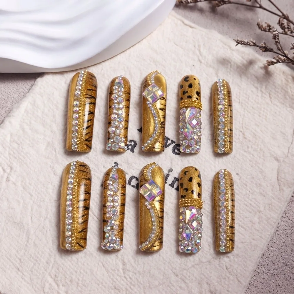 10pcs Long Cat Eye Nail Press on Acrylic Nail Surface Glossy Gold Fake Nail Tiger-pattern Handmade Inverted Hook Style Manicure