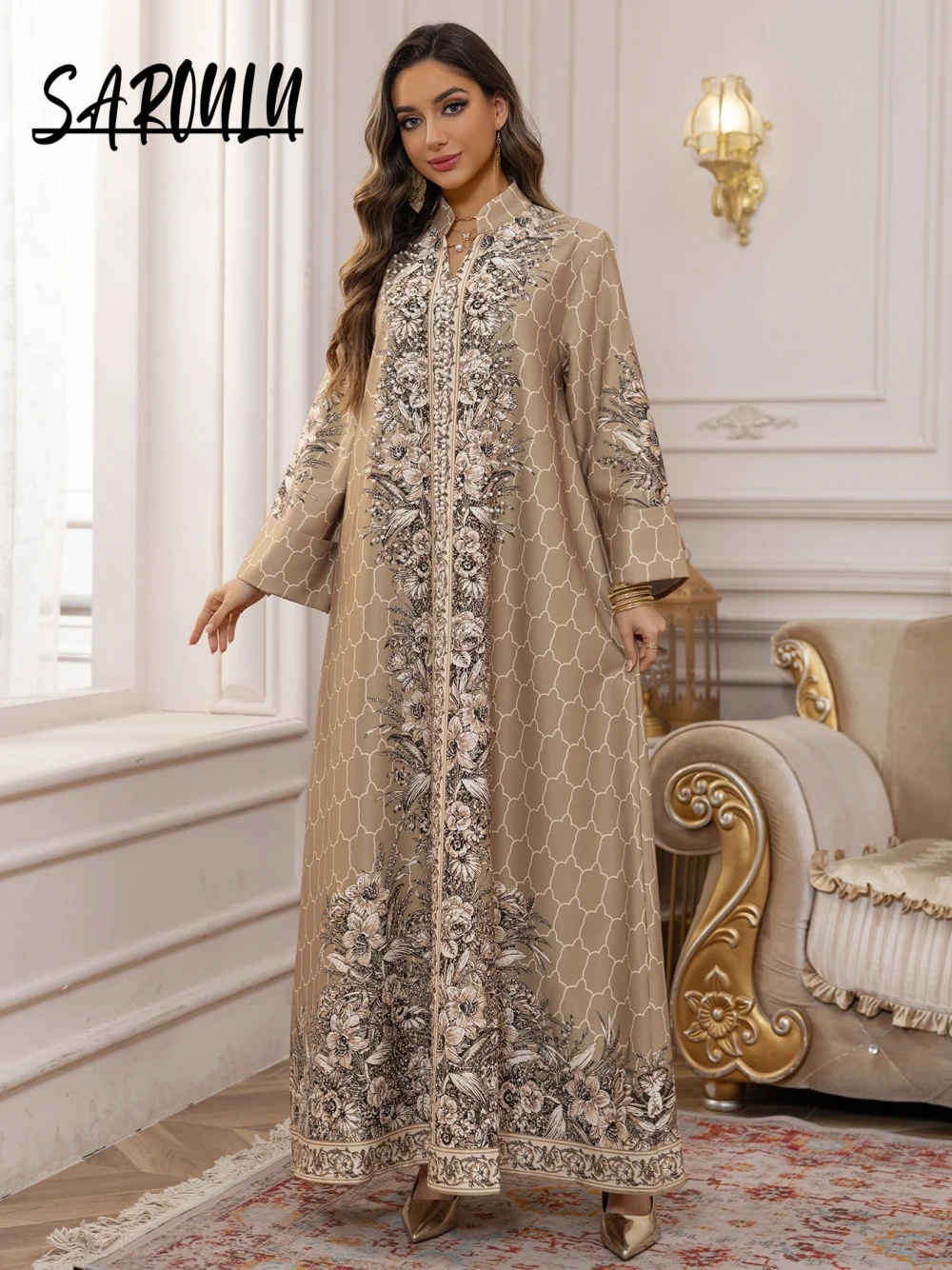 

Floral Printing Unique Arabic Evening Dress, Charming Pearls Long Sleeves Cocktail Gown, New Arrival Plus Size Kaftan Robe