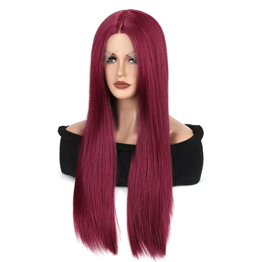 الاصطناعية الدانتيل الجبهة الباروكات للنساء شعر أحمر مستقيم غلويليس 13x4x1 طويل مستقيم ألياف طبيعية مقاومة للحرارة شعر مستعار طبيعي واي فاي #6