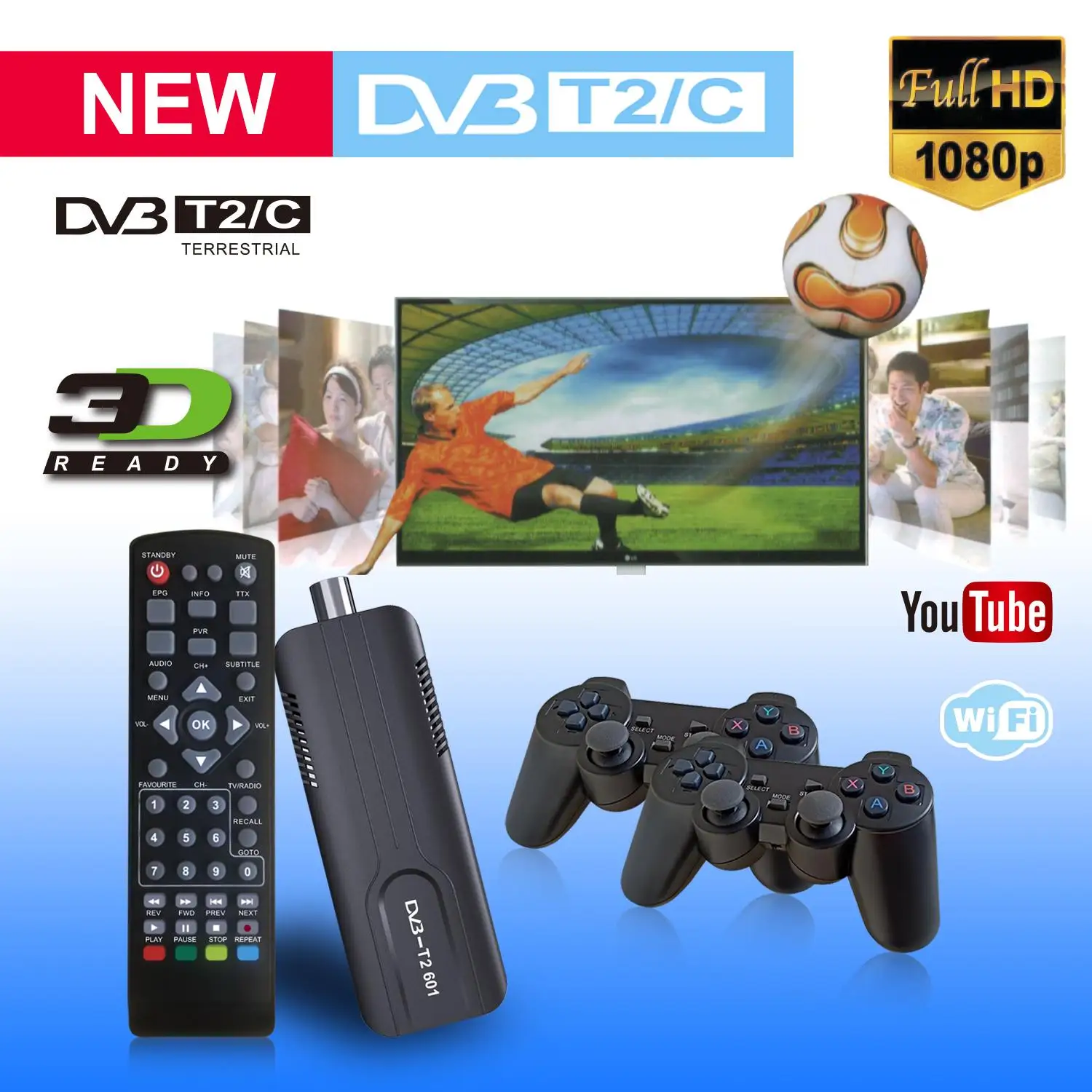 Portable DVB-T2 Digital TV Stick with 1000+ Built-in Retro Games, Plug & Play for Travel, CE/FCC Certified receptor