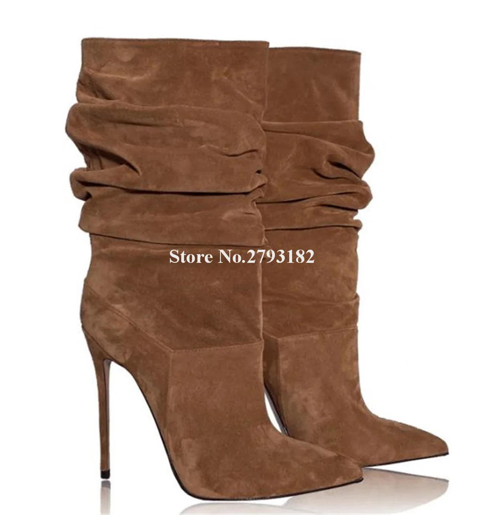 Classical Style Suede Stiletto Heel Mid-calf Boots Pointed Toe Slip-on Purple Brown Black Pink Thin Heel Short Boots