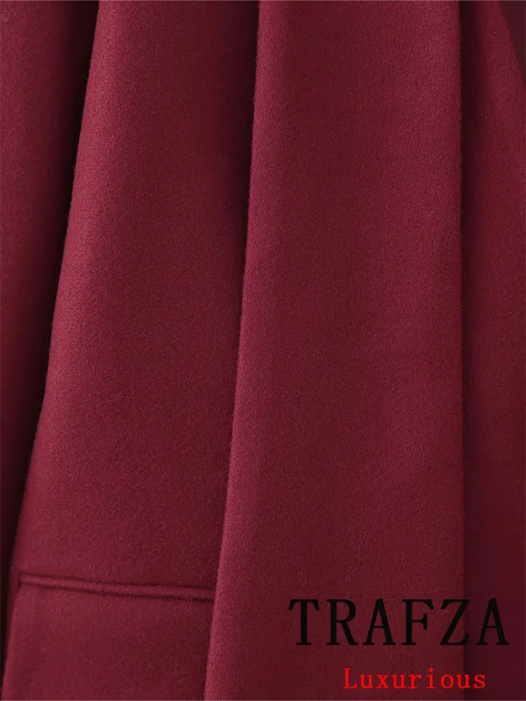 TRAFZA Casual Vintage Chic Women Overcoat Red Solid V-Neck Pockets Single Breasted Scarf Coat Fashion 2024 Autumn Winter Coat