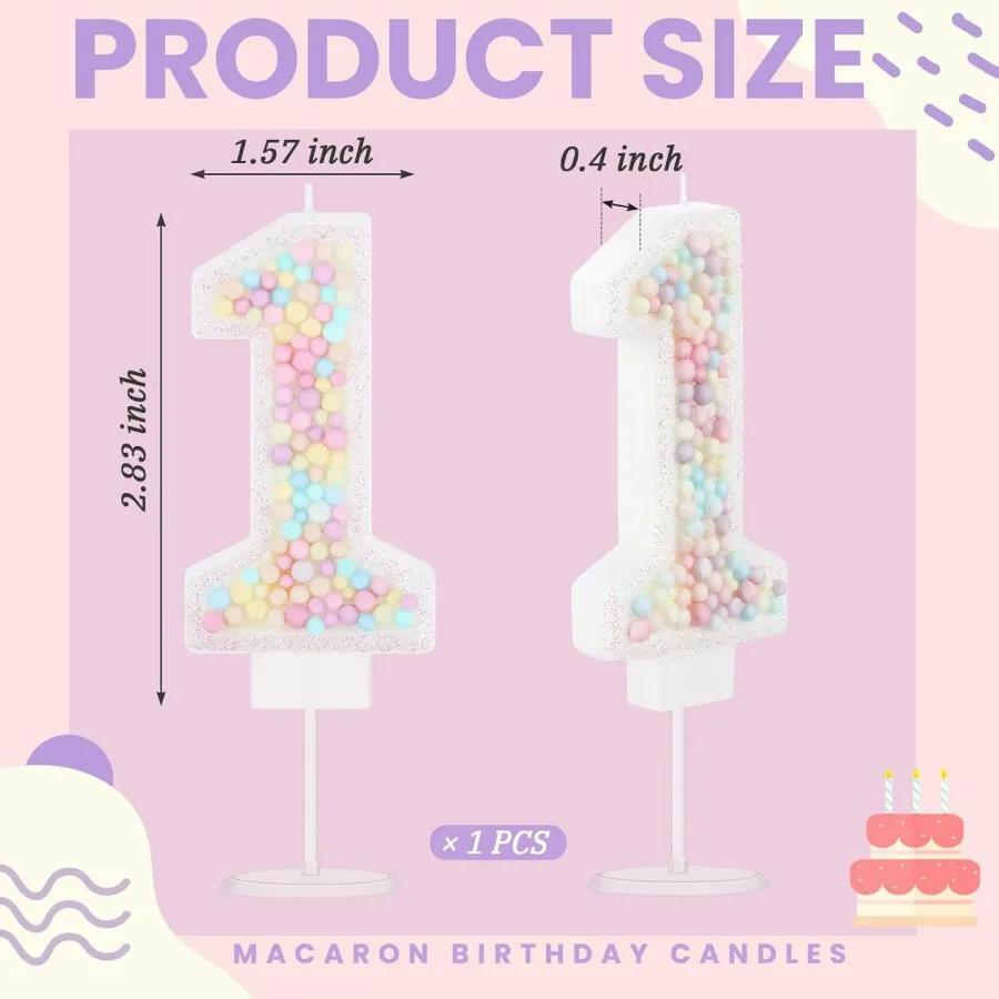 Number Birthday Candle Macaron Pastel Glitter 3D Number Candle with 12 Pcs Rainbow Spiral Candles in Holders for Girl Boy Cake