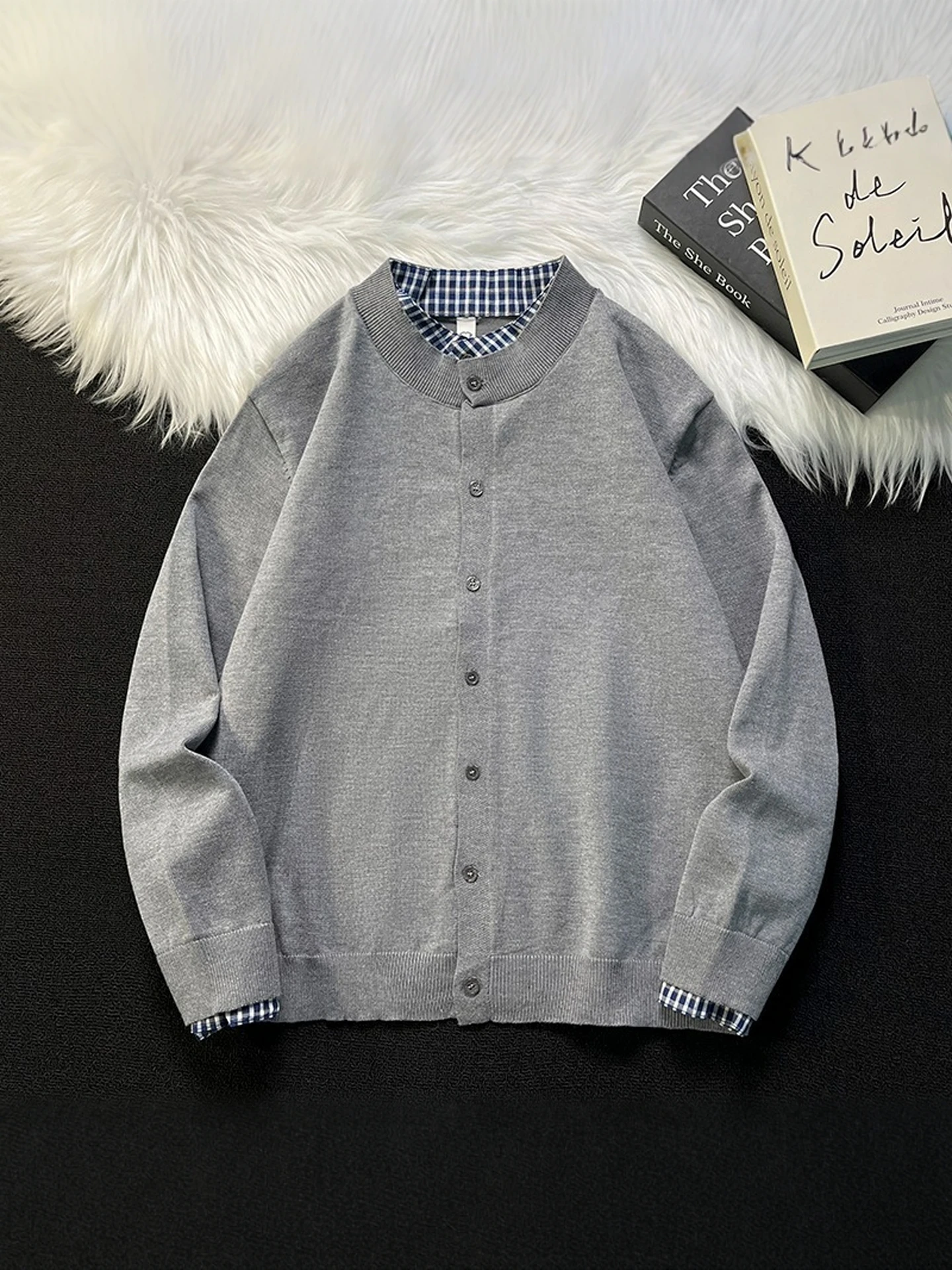 

Men's Plaid irt Patchwork Knitwear Autumn Season Casual Sle Button up Cardigan College Sle Outerwear Layering Piece