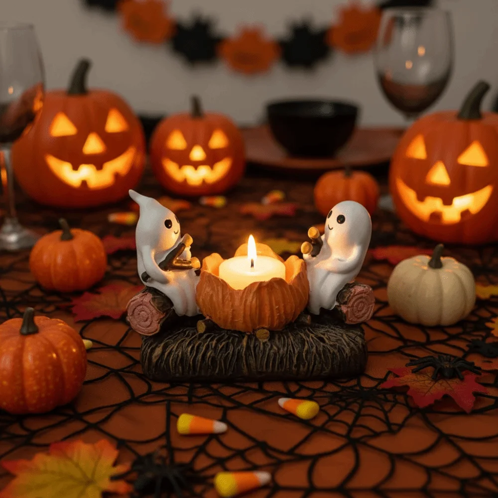 Cartoon Ghost Campfire Flickering Candle Holder Resin Removable Firewood Pile Halloween Desk Ghost Torch Figurine Decorative