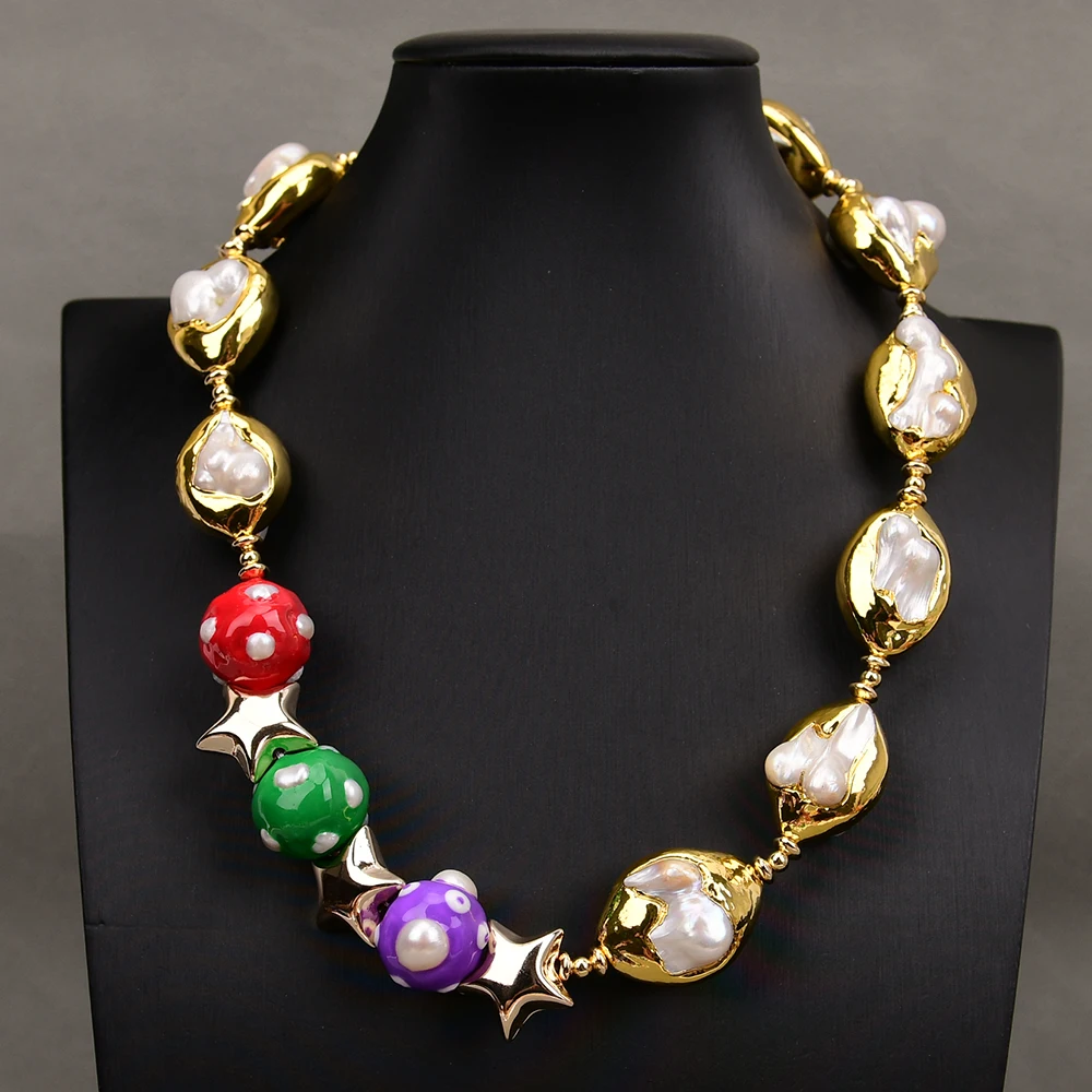 

G-G 20'' Natural White Baroque Keshi Pearl Gold Edged Multi Color Enamel Glaze Pearl Ball Chokers Necklace For Women