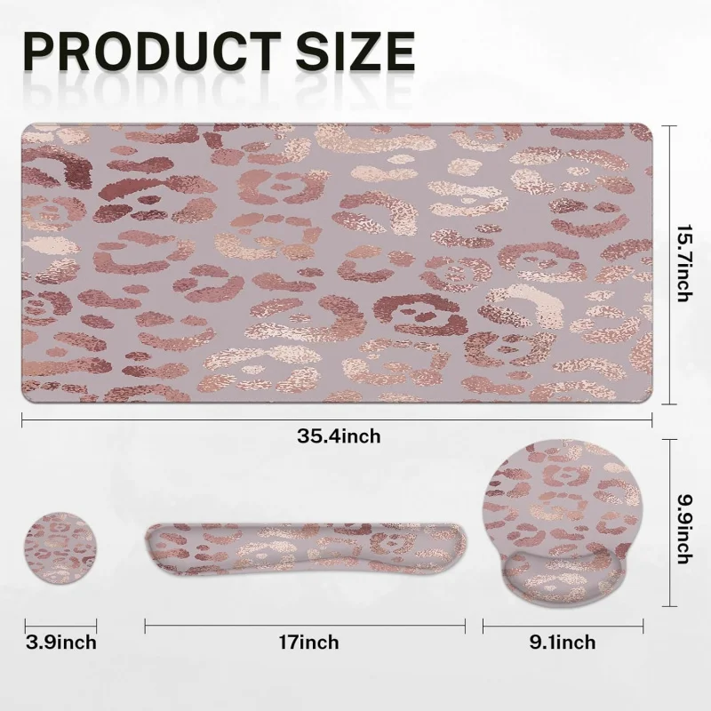 Rose Gold Leopard Pink Desk Mat, Animal Skin Mouse Pad Set with Wrist Support, 4-in-1 Large Mousepad+Keyboard