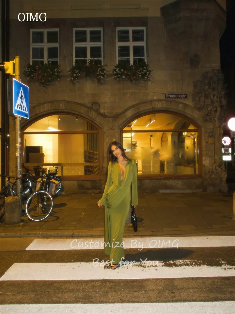 OIMG Sexy Deep V Neck Mustard Green Mermaid Prom Gowns Maxi Pleated Party Gown Long Sleeve Floor Length Evening Dress Customized