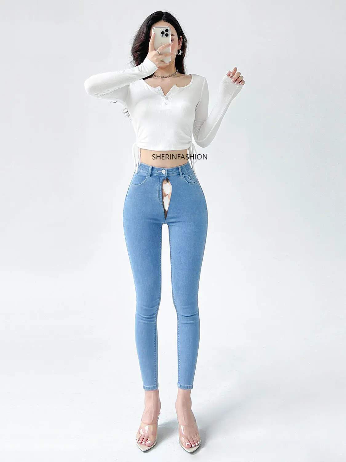 

Large Women's High Waist Boyfriend Denim Invisible Open-Seat Pants Peach Hip Stretch Denim Trousers Female Skinny Pencil Pants