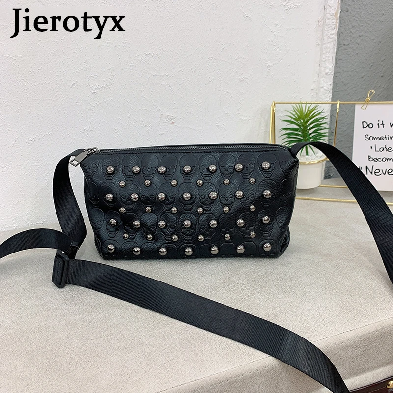 JIEROTYX Punk Rivet Skull Crossbody Bag for Women Vintage Embossing Designer Clutches Leather Handbags Female Great Quality