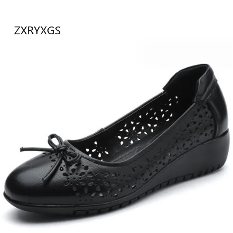 ZXRYXGS Bowknot Premium Cowhide Hollow Breathable Comfort Leather Sandals 2024 Summer Autumn Soft Sole Wedges Large Szie Shoes