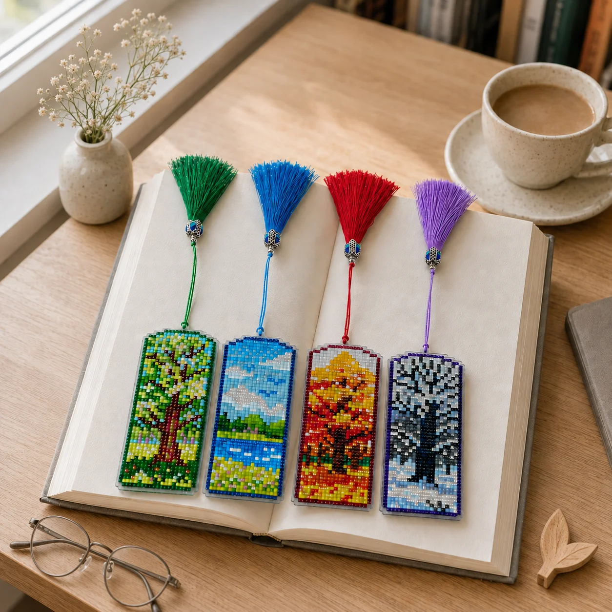 FOREVERYOUNG 5D Diamond Painting Bookmarks, 4 Seasons Tree DIY Diamond Mosaic Bookmark with Tassel, Reading Page Marker Handmade