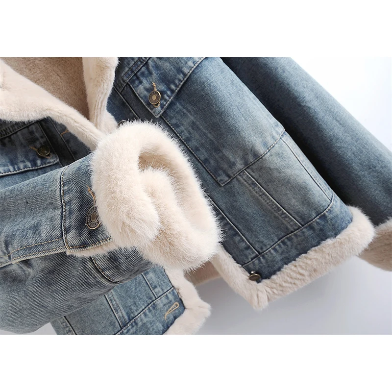 

Зимняя толстая джинсовая куртка с большим карманом и отложным воротником из овечьей шерсти, женская ковбойская верхняя одежда, винтажная однотонная джинсовая куртка, женская