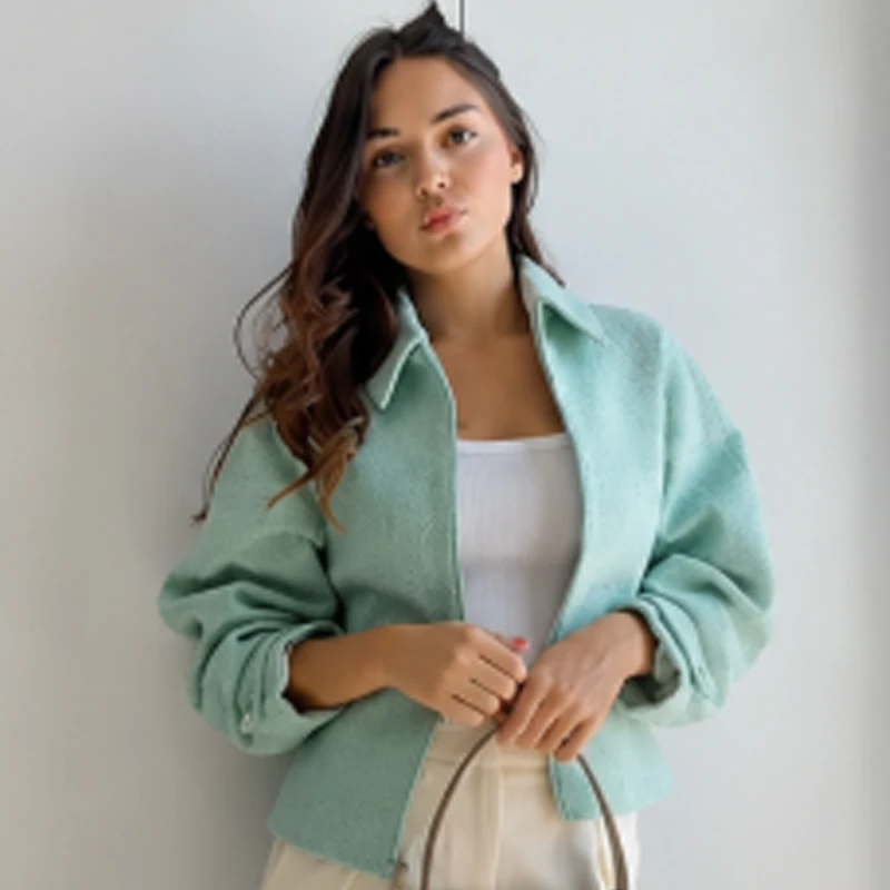 HXAO Kurze Tweed-Jacke Damenjacke Demi-Season 2026 Reißverschluss Langarm-Oberteil Mintgrün Strukturierte Oberbekleidung Streetwear-Mäntel – Detail 6