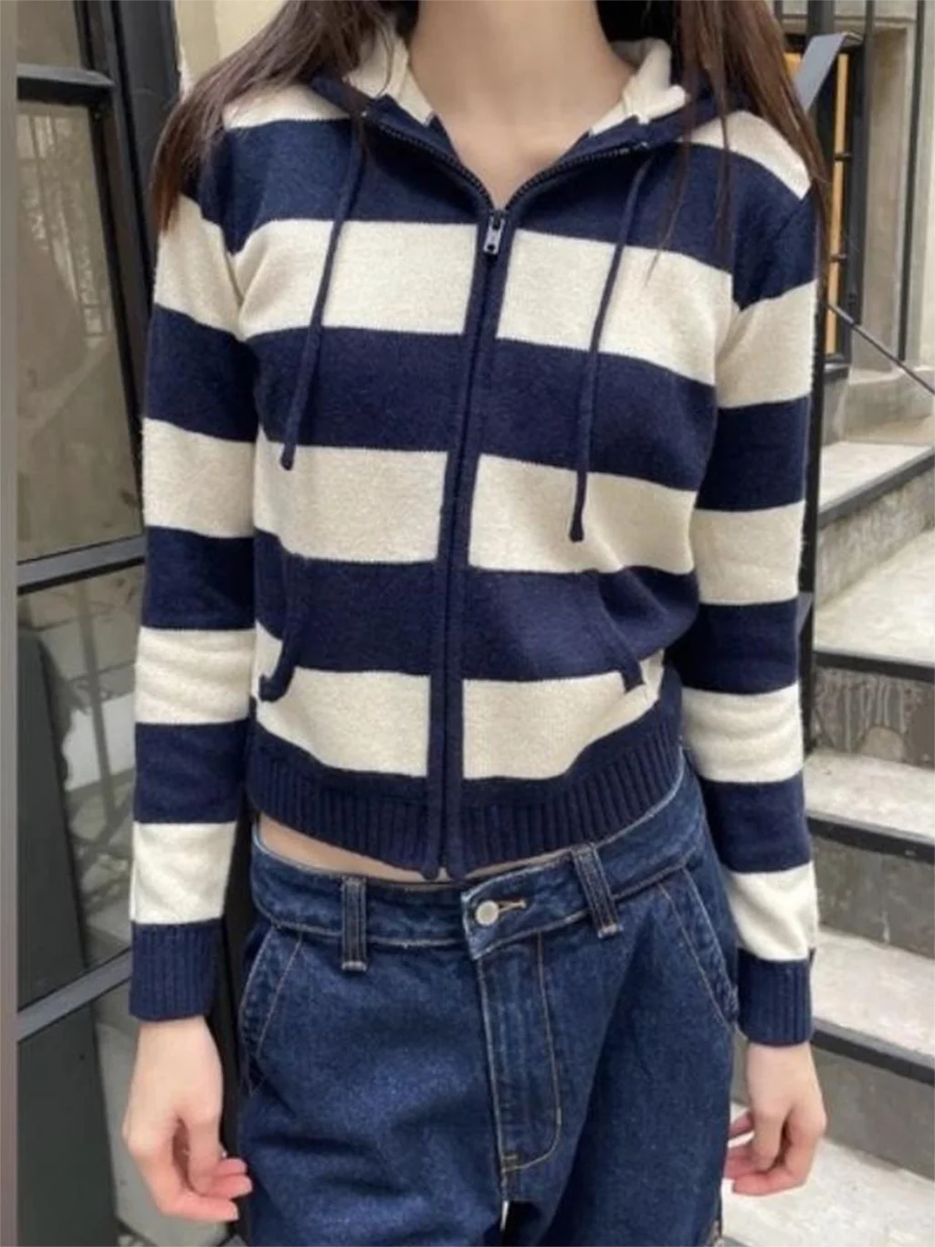 Navy Stripes Slim Sweater Cardigan Autumn Drawstring Hooded Long Sleeve Coat 2023 Y2k Vintage Casual Streetwear Cotton Sweaters