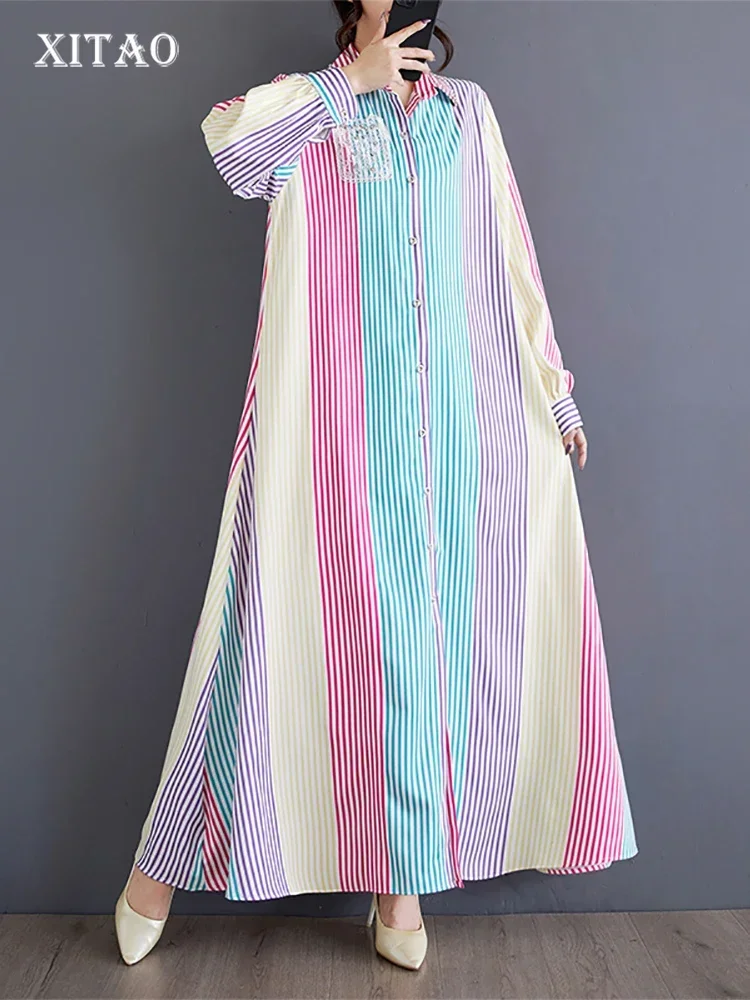 

XITAO Turn Down Collar Stripe Women Shirt Dress Casual 2025 Spring Long Sleeve Elegant Loose A-line Ankle Length Dress LJ1070