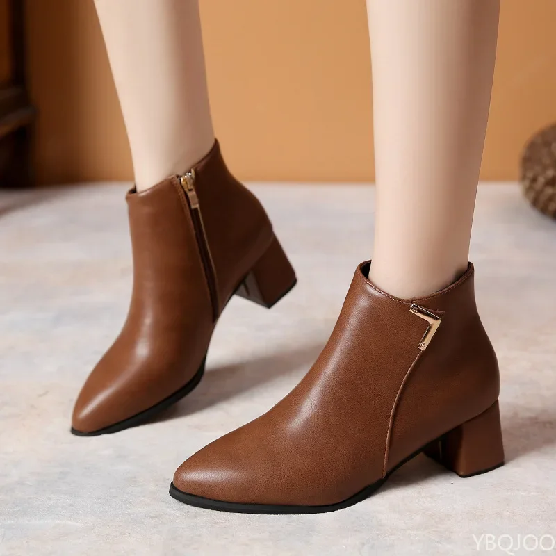 Herbst neue bequeme Damenstiefel mit runder Spitze und seitlichem Reißverschluss, modische, vielseitige Damenstiefel mit dickem Absatz und hohen Absätzen