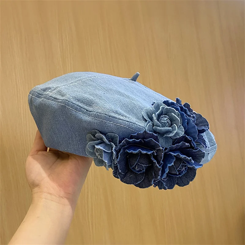 Autumn Winter Unique Color Block 3D Flower Denim Beret Hat for Women Trendy Fashionable Puffy Artist Painter Beanie Cap
