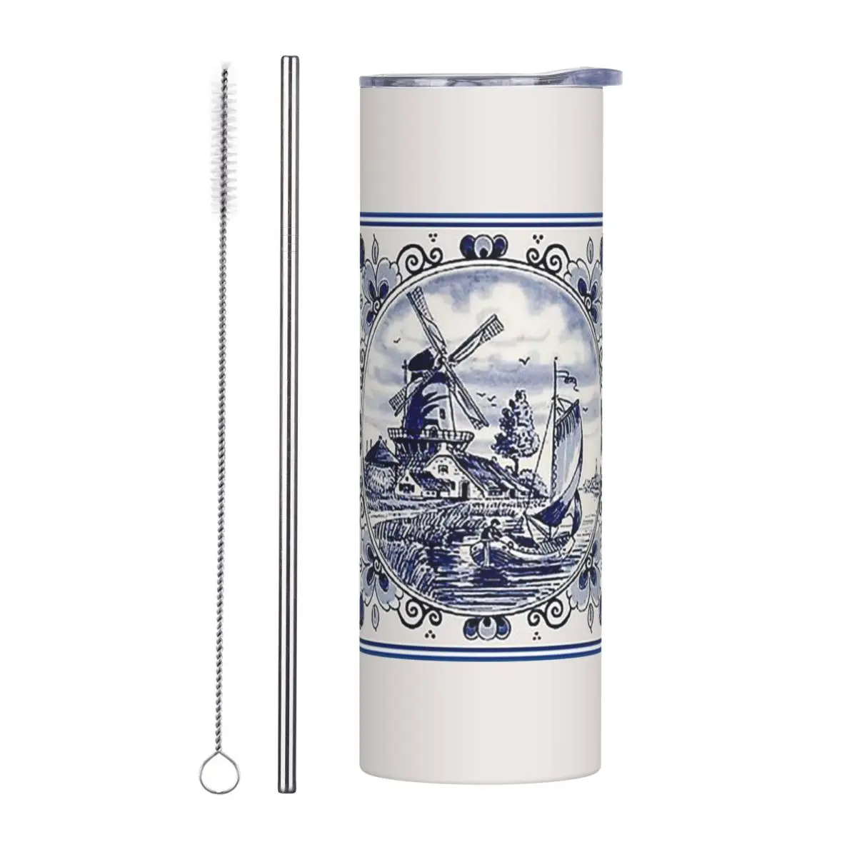 Dutch Blue Delft Vintage Windmill Print Stainless Steel Tumbler Vacuum Insulated Mug Thermal Cold Cups Straw With Lid 20oz