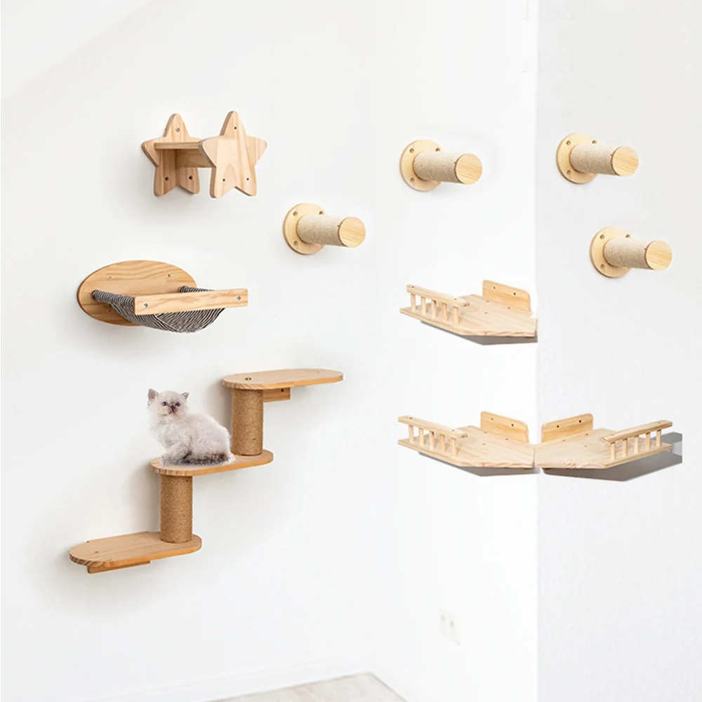 Cat Climbing Shelf Wall Mounted Hammock Scratching Post for Cat Wooden Furniture Ladder Steps Cats Sleeping and Playing