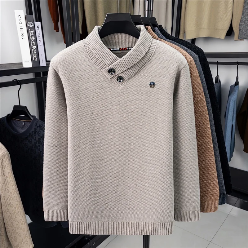 Designer High End Men's Pullover Scarf Collar Knitwear Sweater Winter New Arrival Exquisite Print Warm Soft Versatile Men'swear