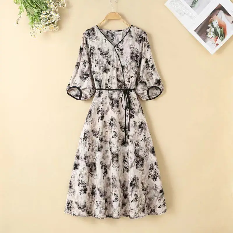 

Women's Clothing Short Sleeve V-Neck Floral Dress Elegant Goddess Style Waist-Cinching Tummy Cover Slimming Youthful A-Line