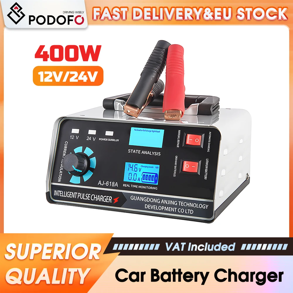 Podofo 400W 40A Intelligentes Impuls-Batterieladegerät mit Reparaturfunktion, Dual 12V 24V, automatischer Entschwefelungs- und Erhaltungsladegerät, Hochleistungs-Bleibatterie-Pflegegerät für Auto,