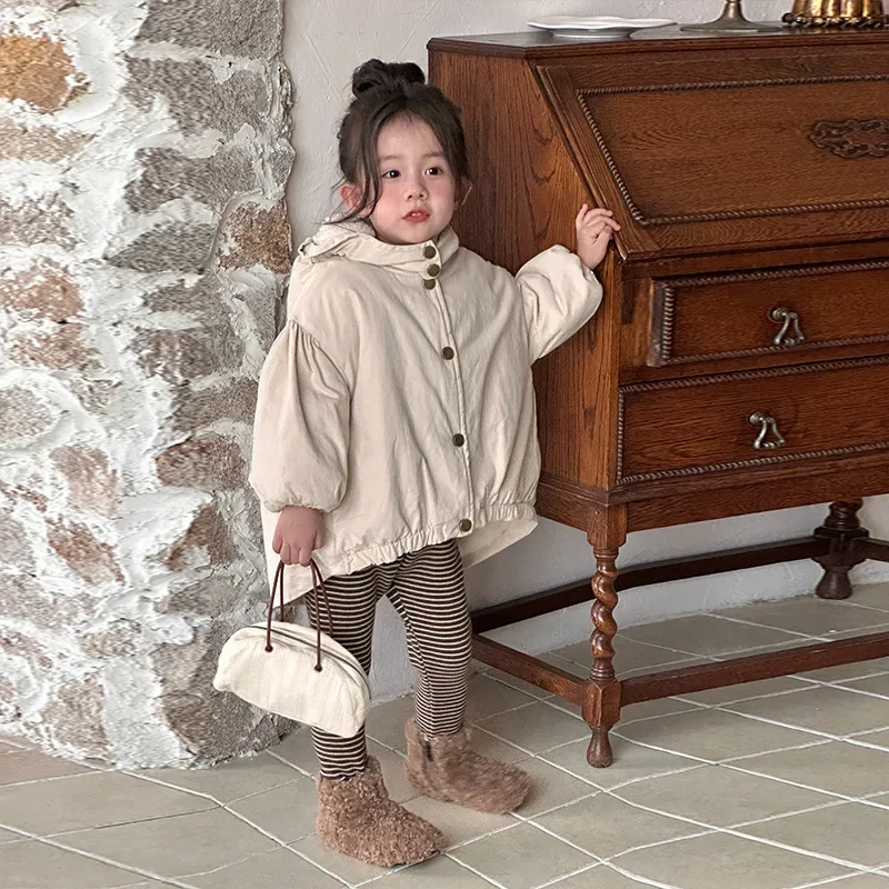 Girls Coat 2024 Autumn New Childrens Wear Korean Style Girl Baby Foreign Plus Fleece Hooded Trench Coat Casual Simple Daily