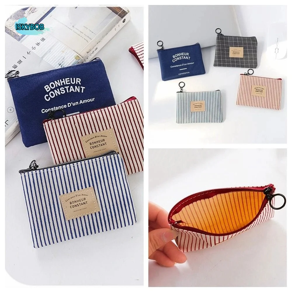 

Cute Square Stripe Print Coin Purse Zipper Small Canvas Letter Wallet Case Card Holder Coin Pouch Change Purse Outdoor