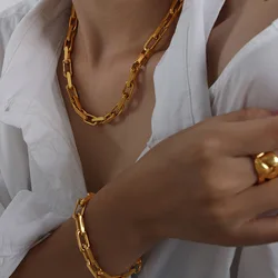 Thick Flat Cuban Link Chain Stainless Steel Necklace Bracelet Jewelry Set Waterproof for Men Women Hiphop