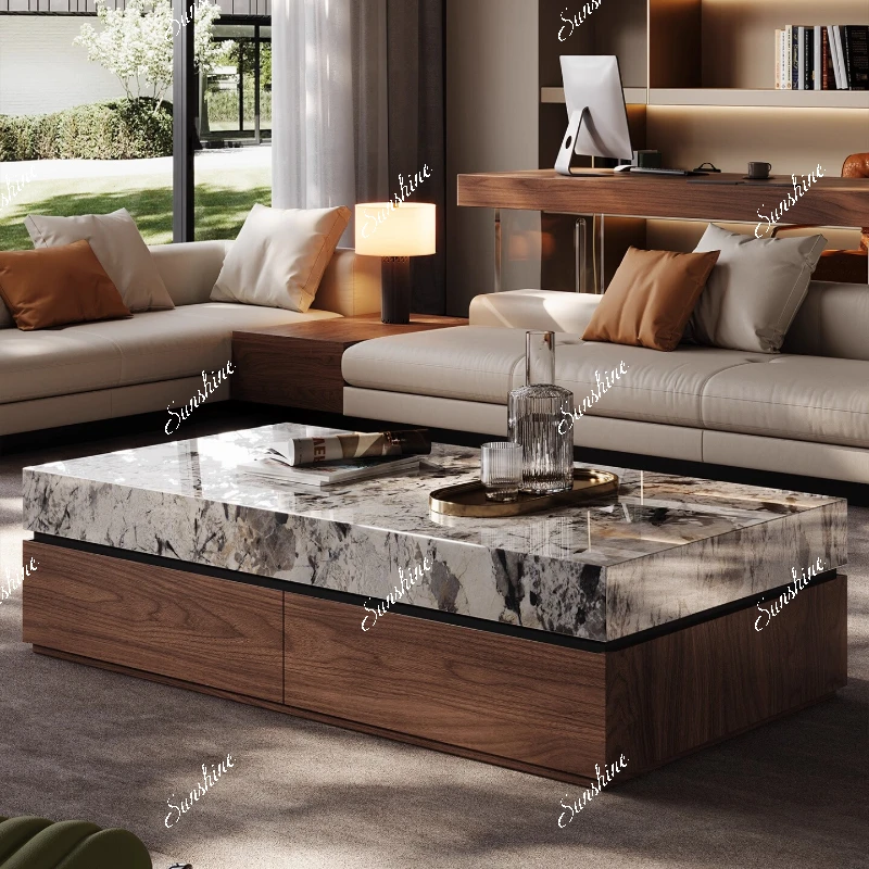 

Italian minimalist high-end sense, medieval style, villa large flat floor rectangular coffee table combination