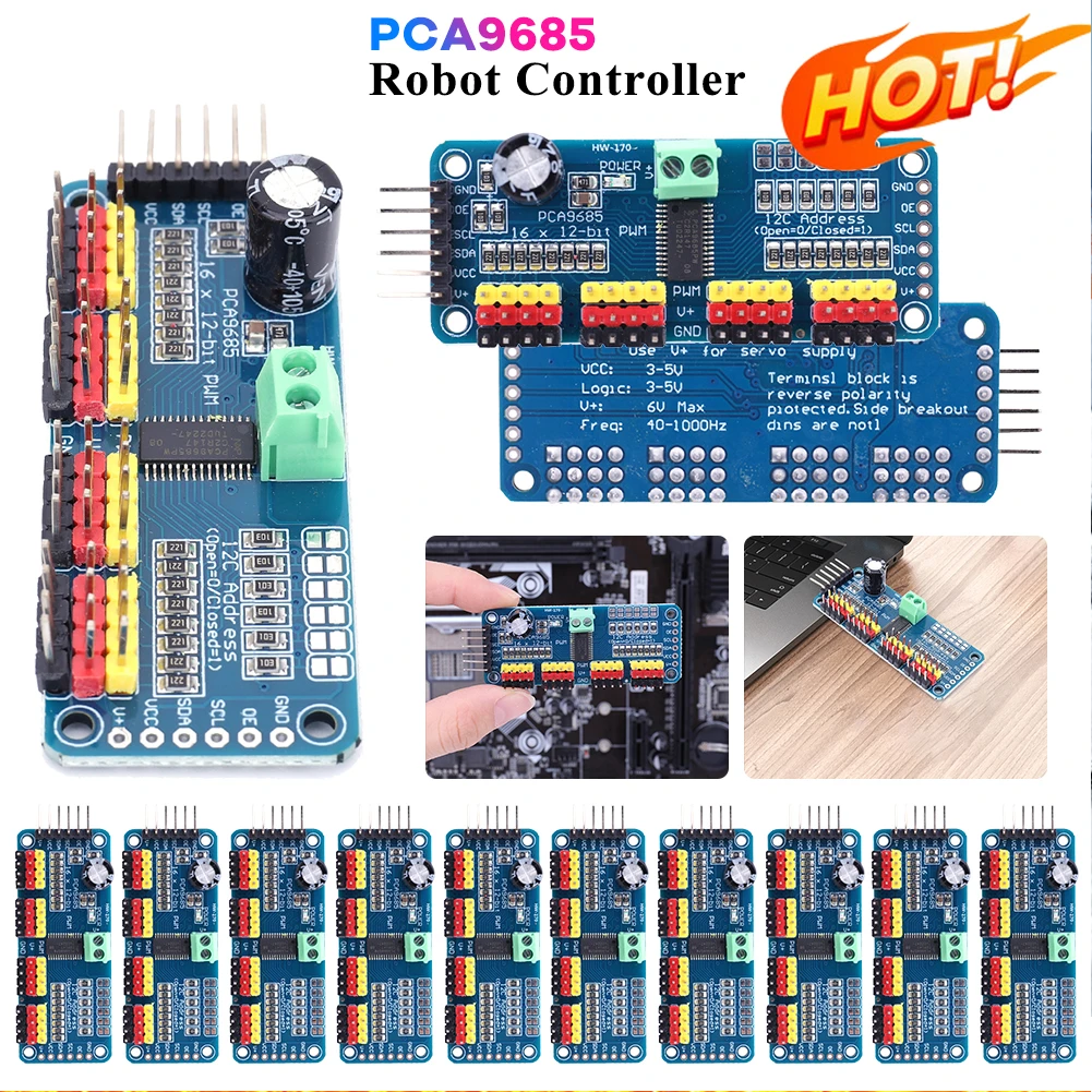 16-Kanal PCA9685 PWM-Servo-Treiberplatine IIC-Schnittstelle 12-Bit-Auflösung (umgekehrter Polaritätsschutz) für Arduino/Raspberry Pi