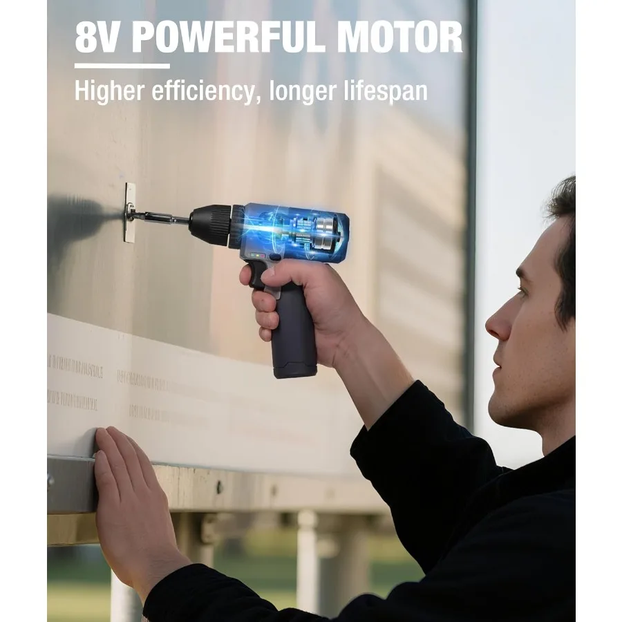 Juego de taladro inalámbrico de 8 V con batería de 2 Ah para uso doméstico y en taller con portabrocas sin llave de 3 y 8 pulgadas Kit de brocas de 15 piezas tipo C carga rápida